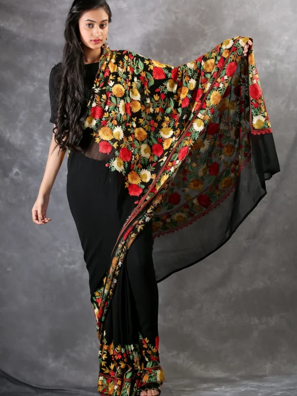Black Floral Aari Jaal Embroidered Kashmiri Saree Front