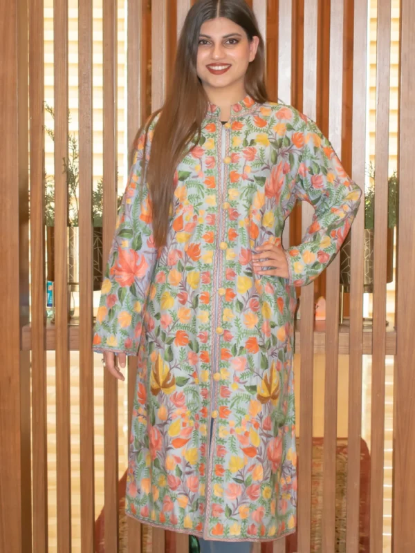 Sky Blue Pure Raw Silk Floral Kashmiri Aari Jaal Embroidered Coat