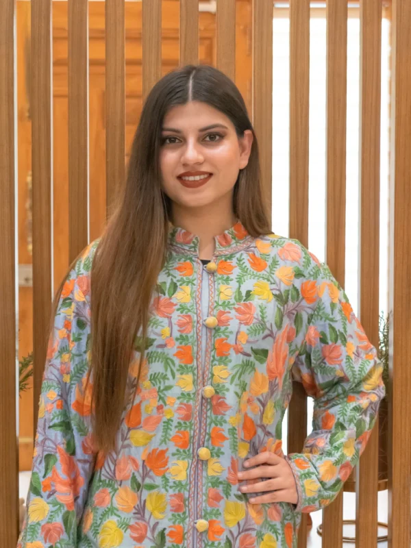 Sky Blue Pure Raw Silk Floral Kashmiri Aari Jaal Embroidered Coat front