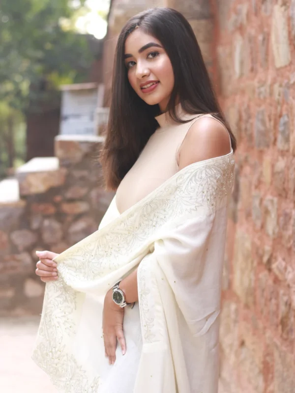 White Pure Wool Cape With Hand Cut Daana Work, Pure side