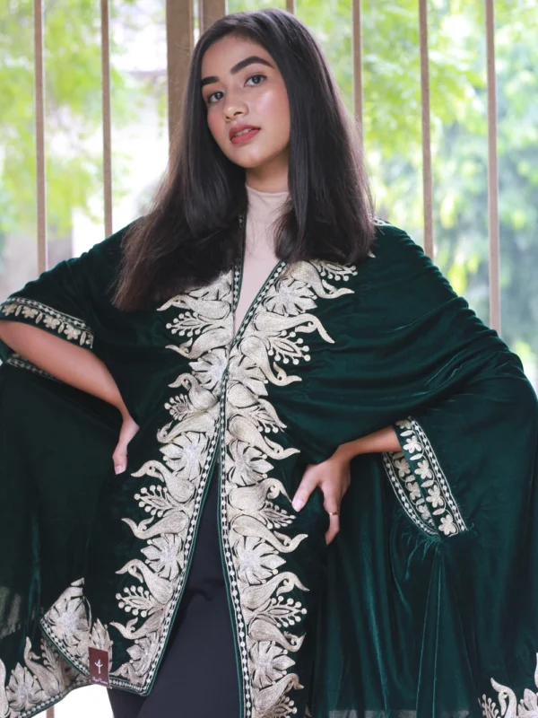 Green Velvet Cape, Royal Kashmir Orni, Shawl Front