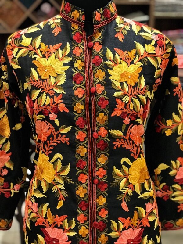 Black Kashmiri Long Bohemian Coat with Aari Jaal Embroidery front