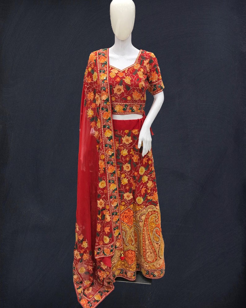 Red Lehenga Choli with Aari, Tilla & Cut Daana Embroidery