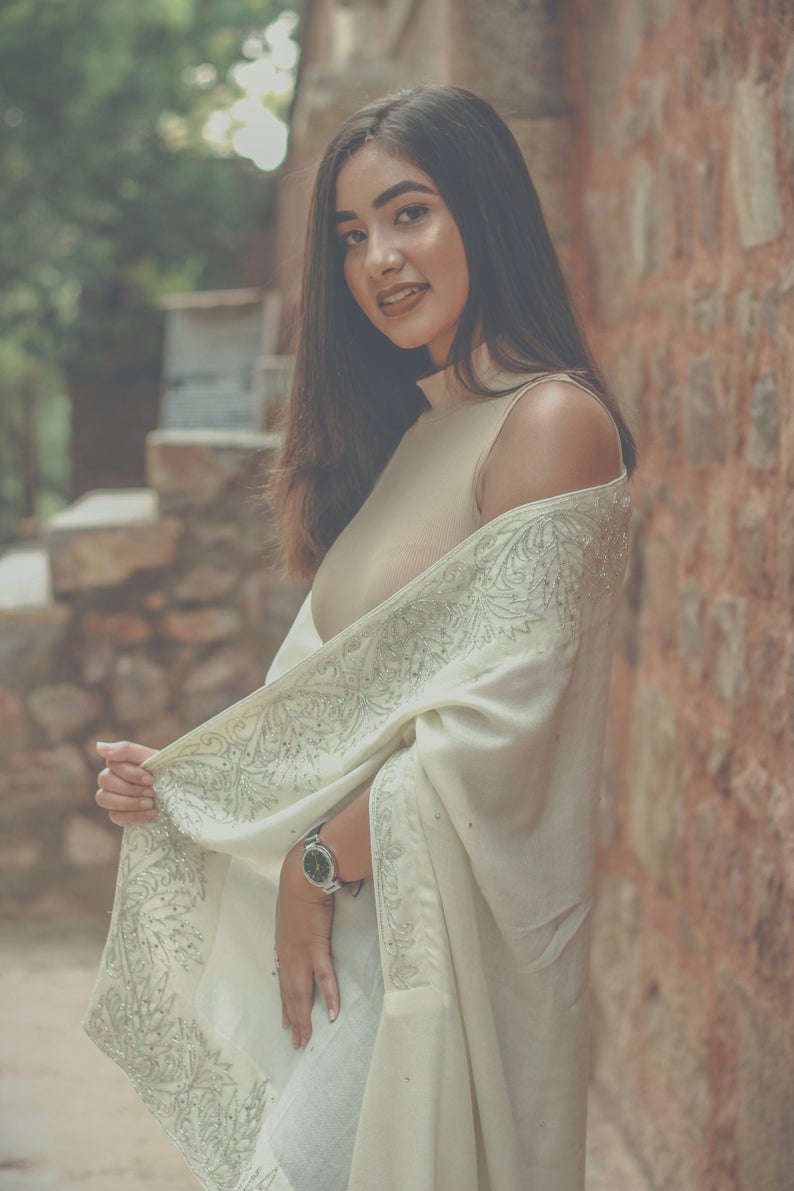 White Pure Wool Cape With Hand Cut Daana Work, Pure
