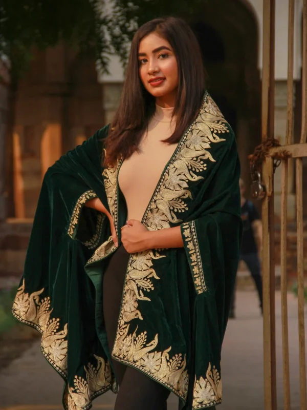 Bottle Green Embroidered Velvet Cape Orni Bara Chinaar Design