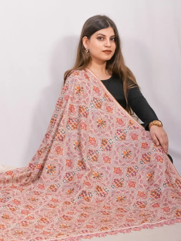 Natural White Papier Mache Hand Embroidered Pure Pashmina Shawl Accented with Paisleys and Flowers front