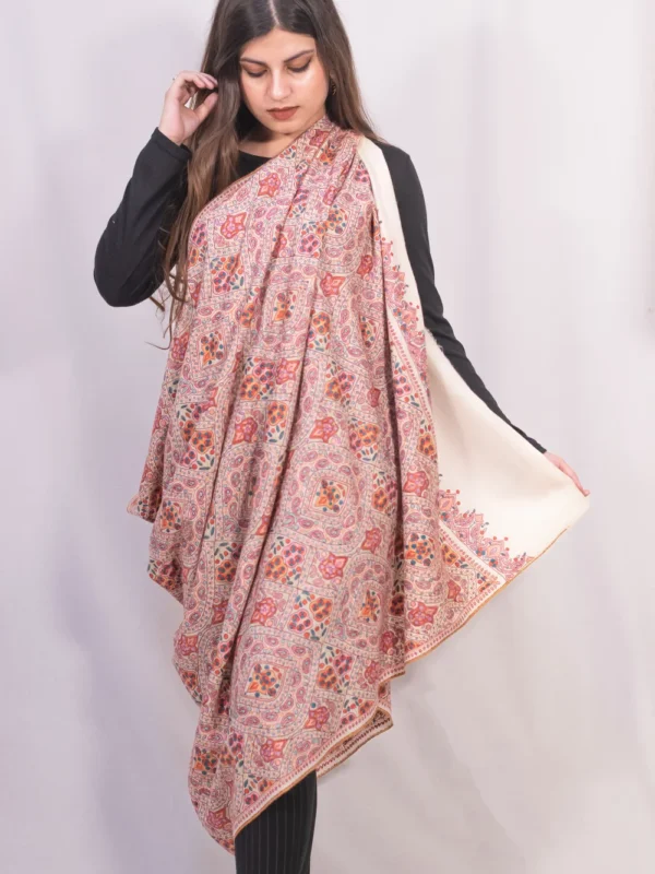 Natural White Papier Mache Hand Embroidered Pure Pashmina Shawl Accented with Paisleys and Flowers