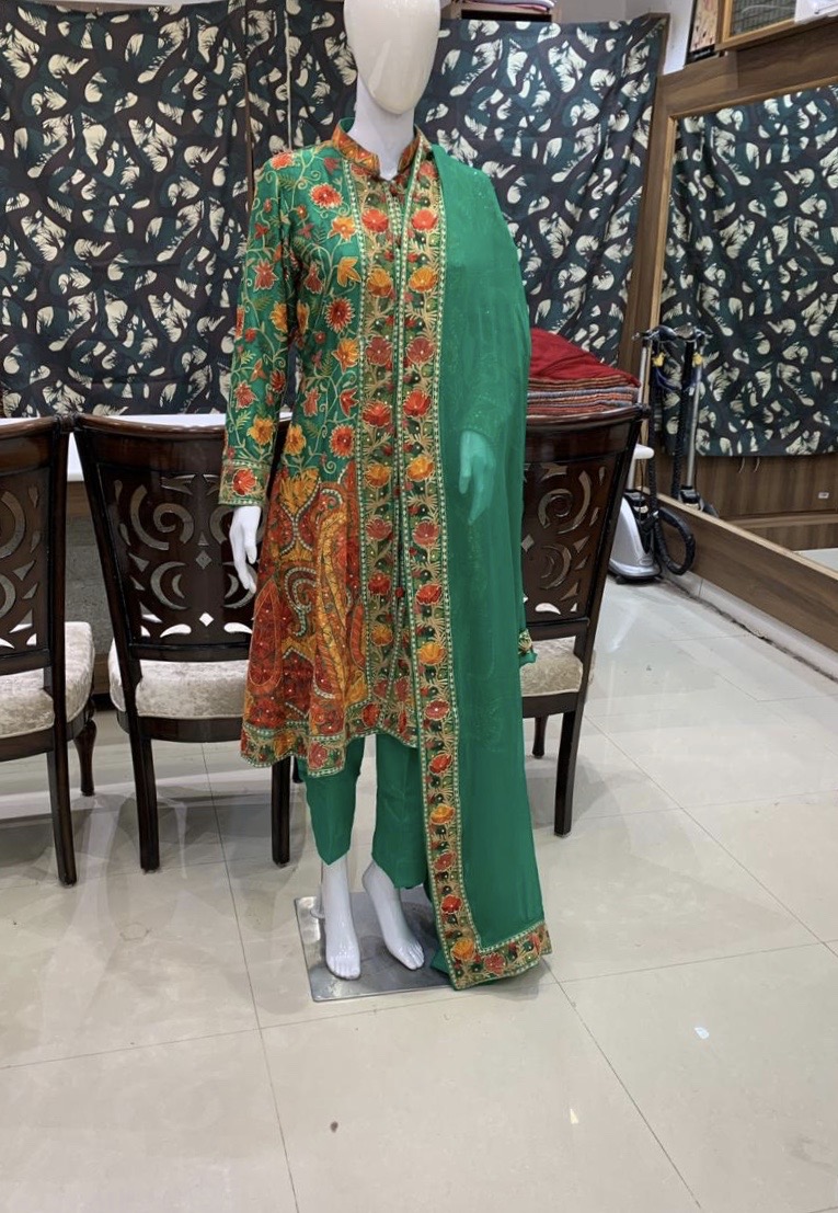 Green Flared Suit Dress With Rich Embroidery and Cut Daana Highlighting complete