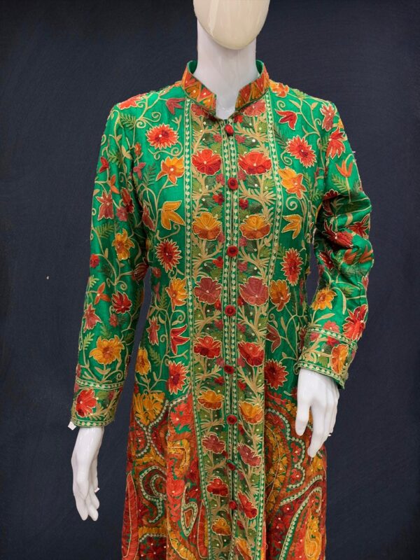 Green Flared Suit Dress With Rich Embroidery and Cut Daana Highlighting