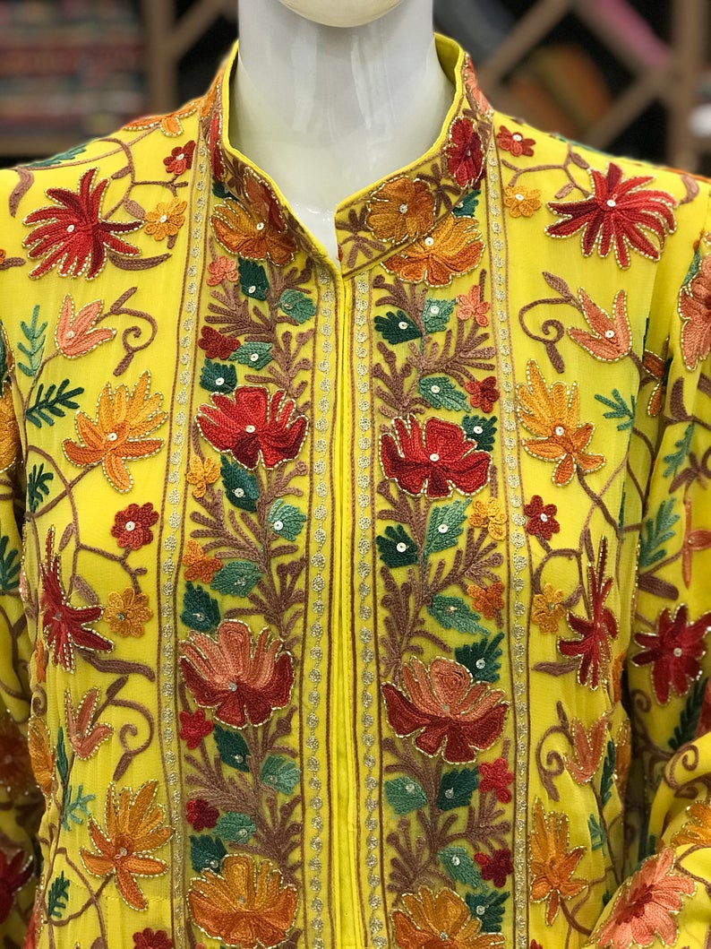 Yellow Flared Style Dress with Rich Highlighted Embroidery close up