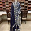 Navy Blue Flared Suit Dress With Pastel Embroidery and Cut Daana Highlighting Complete