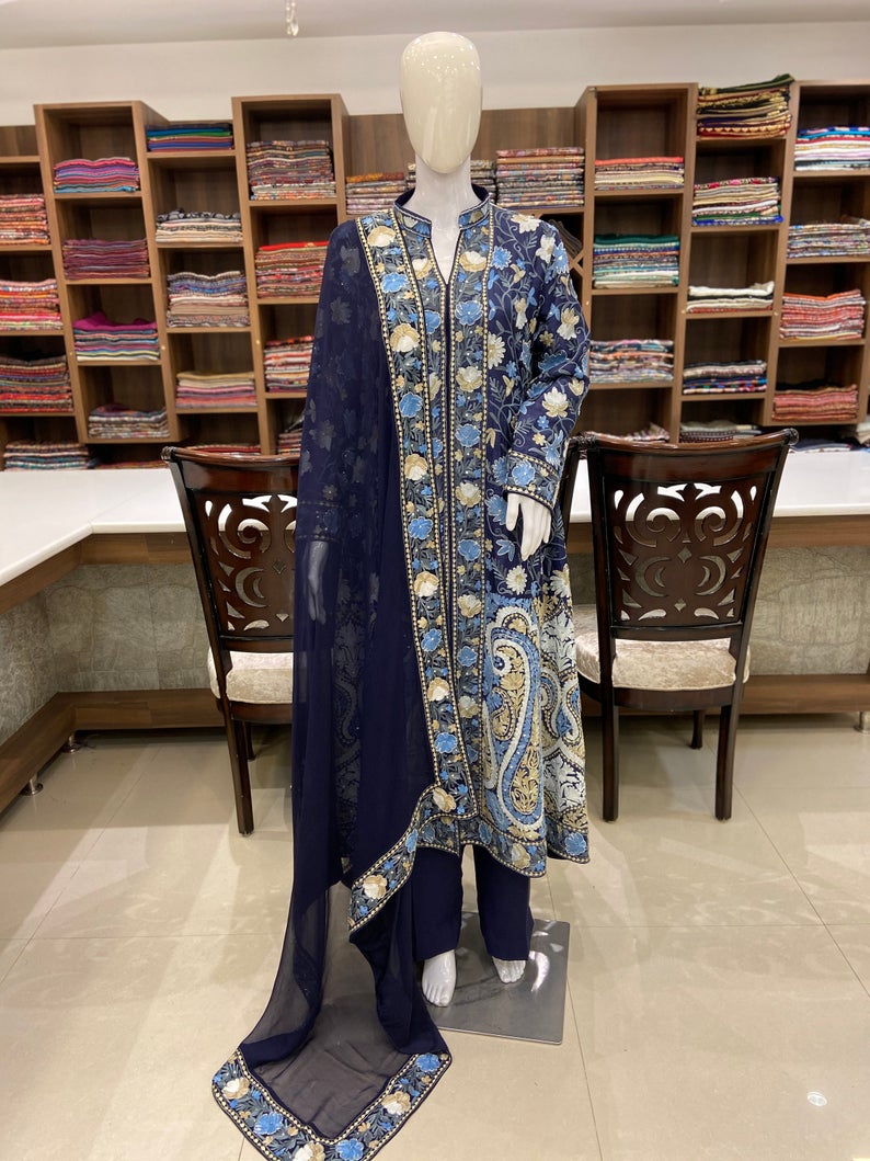 Navy Blue Flared Suit Dress With Pastel Embroidery and Cut Daana Highlighting Complete
