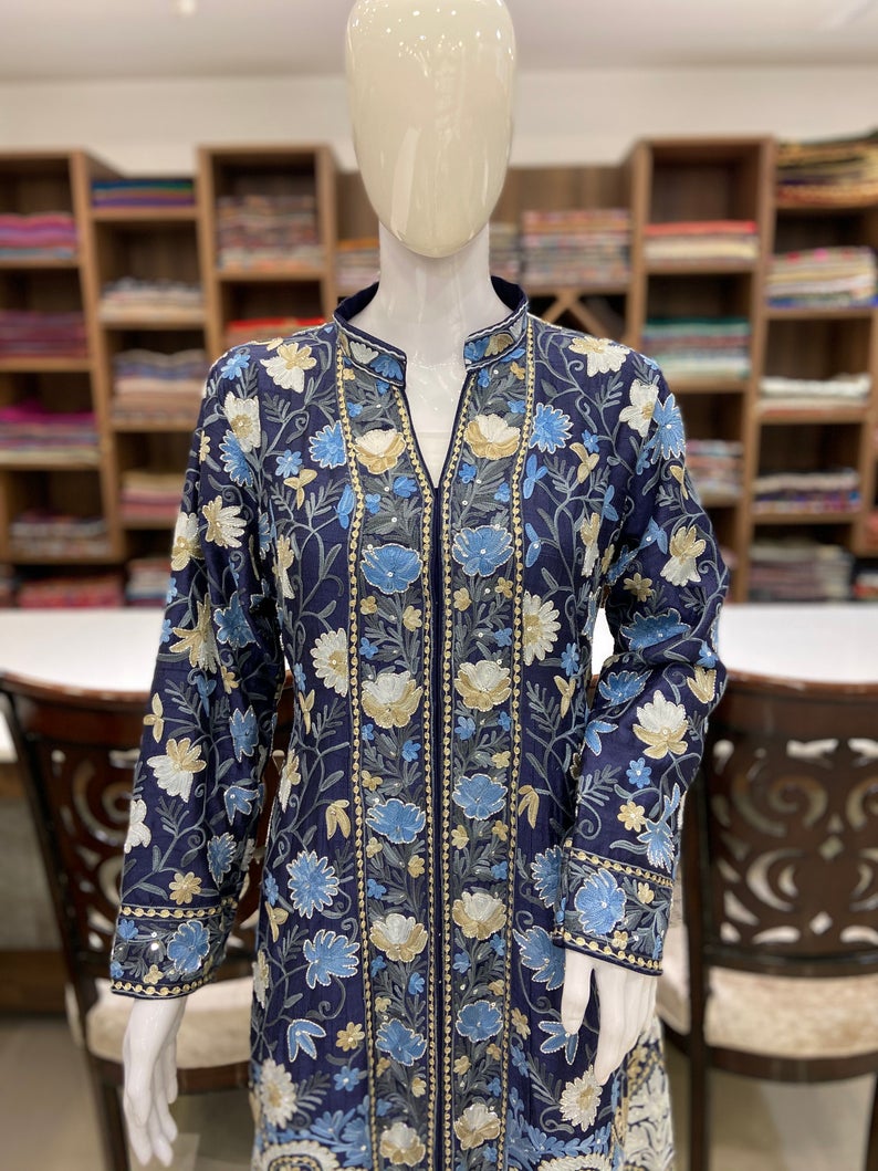 Navy Blue Flared Suit Dress With Pastel Embroidery and Cut Daana Highlighting