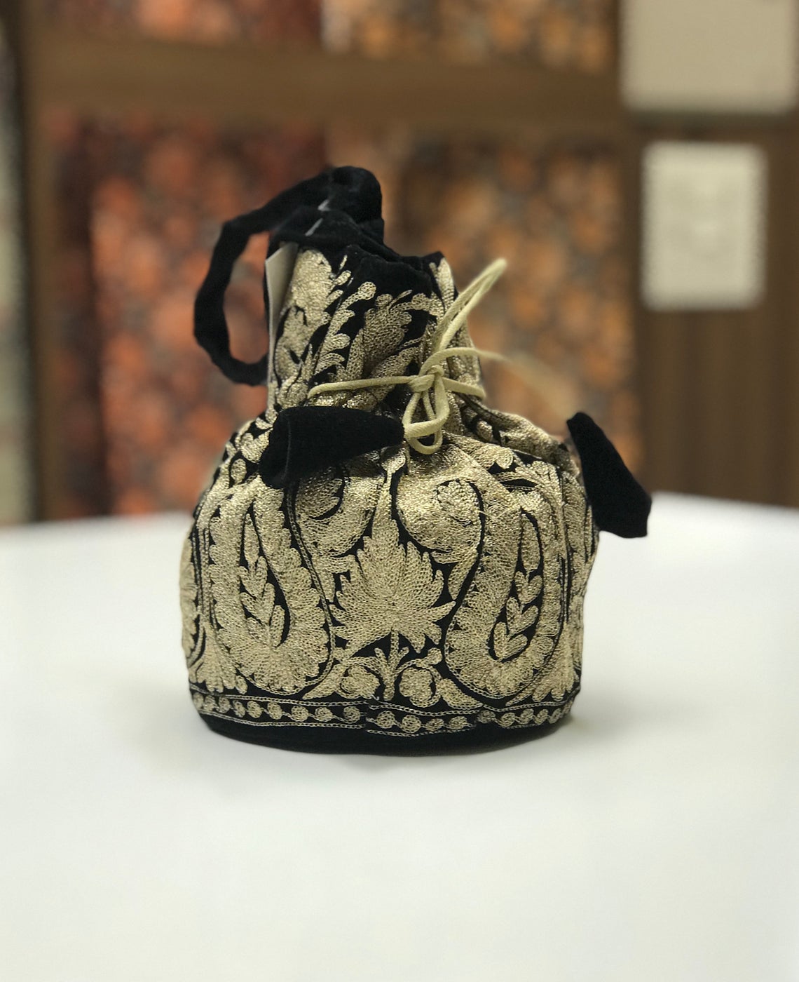 Black Velvet Zari Embroidered Potli Bag: Big Paisley Design