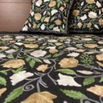 Black Raw Silk Bed Cover with Kashida Floral Aari Jaal Embroidery