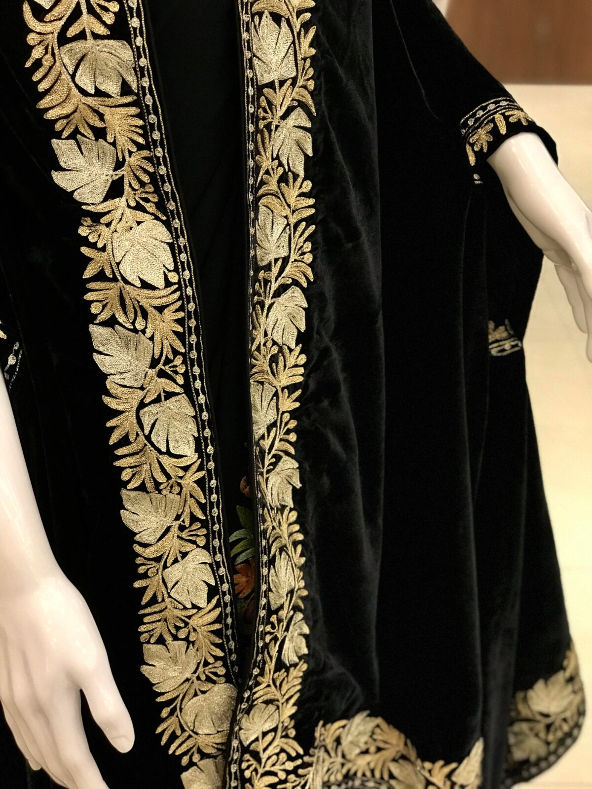 Velvet Cape Orni with Zari Embroidery: Chinar Bel Design front