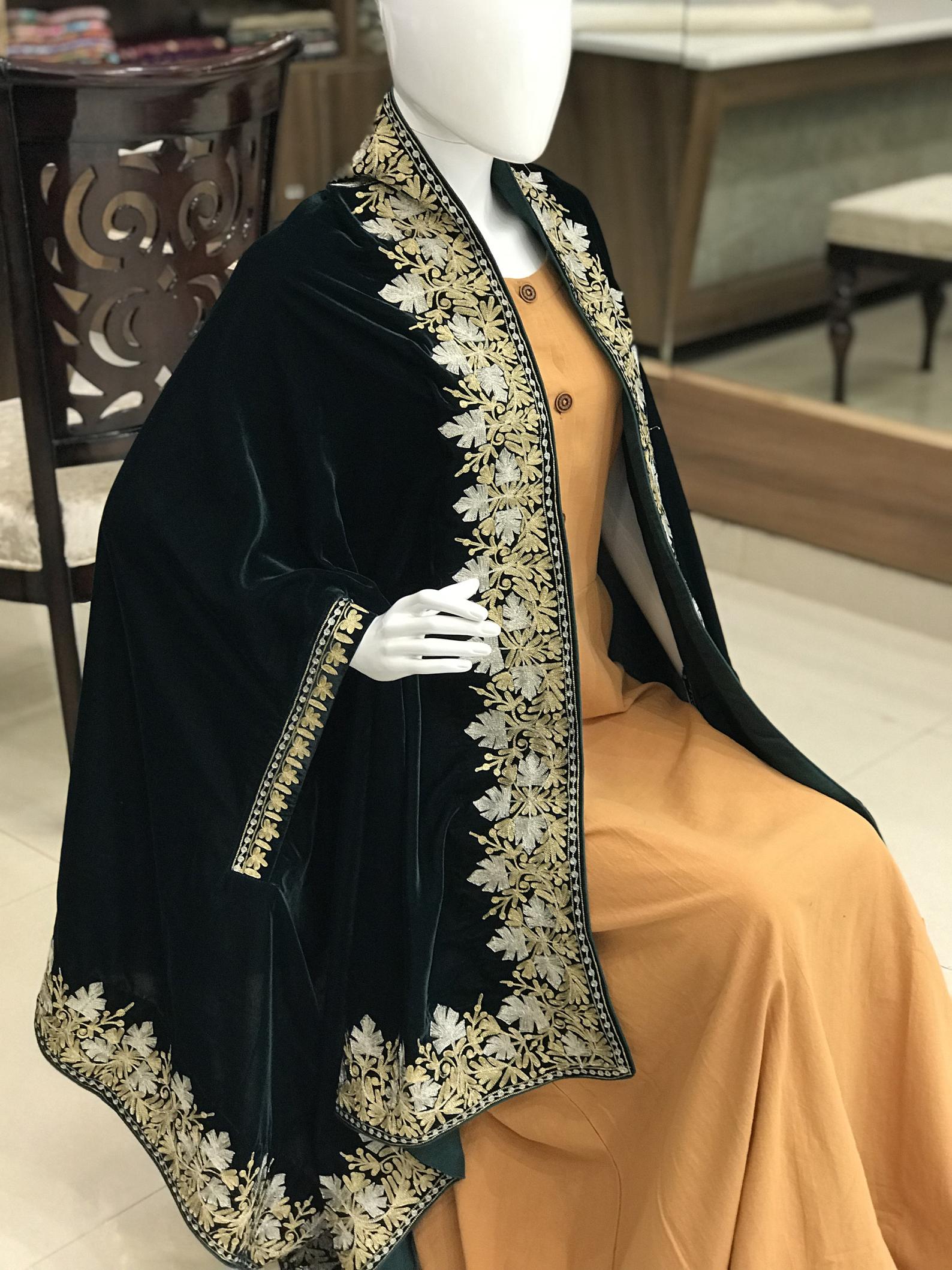 Bottle Green Velvet Cape Shawl with Tilla Embroidery Teen Chinar Design Angad Creations