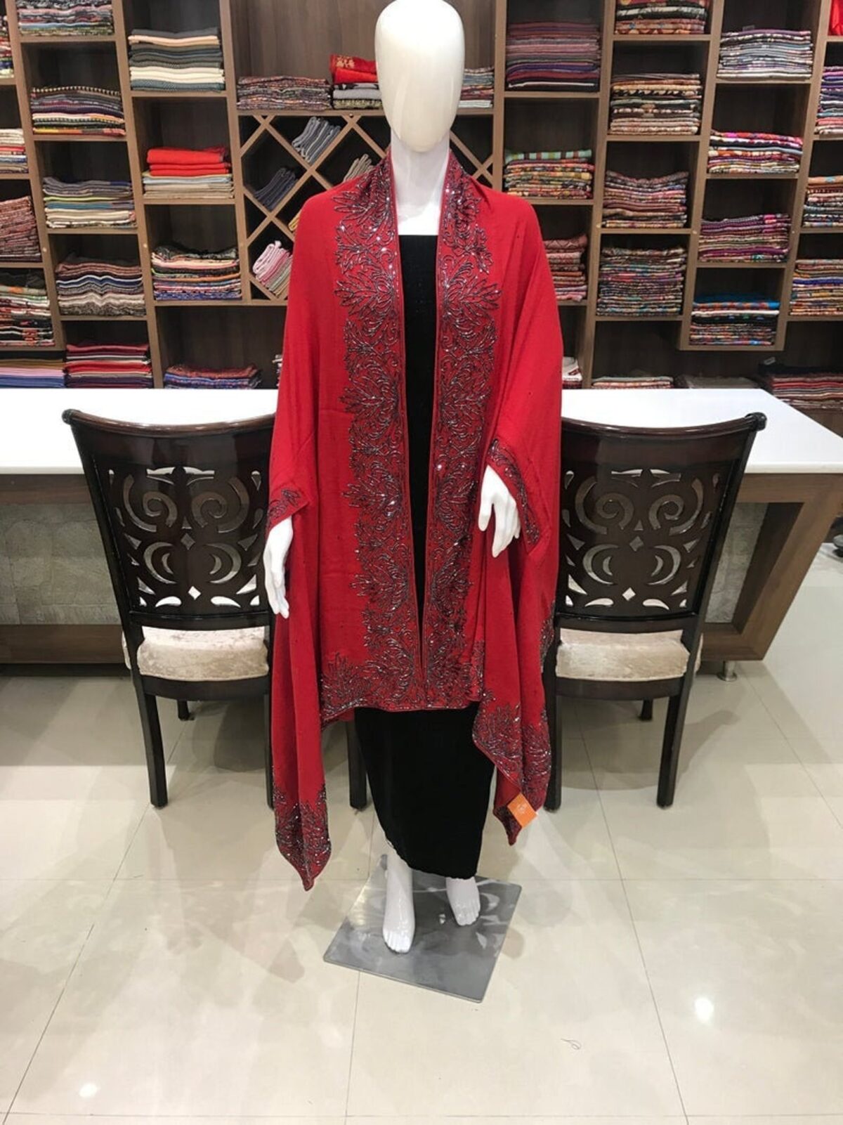 Red Pure Wool Cape Shawl With Hand Cut Daana Work 2