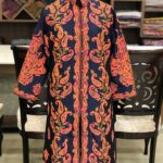 Navy Blue Kashmiri Long Boho Coat with Paisley Aari Jaal Embroidery