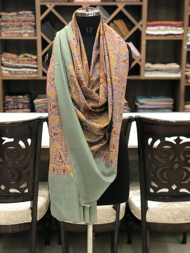 Moss Green Pure Pashmina Shawl with Jamawar Sozni Hand Embroidery ...