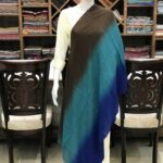 Pure Pashmina Ombre Stripes Texture Stole Wrap: Dark Brown, Turquoise And Royal Blue
