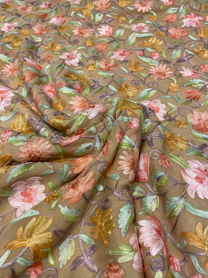 Beige Embroidered Chinon Fabric, Kashmiri floral jaal Running Length
