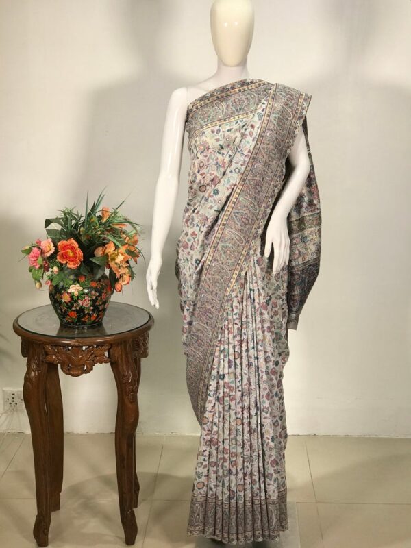 White Modal Silk Floral Jaal Kani Weave Saree