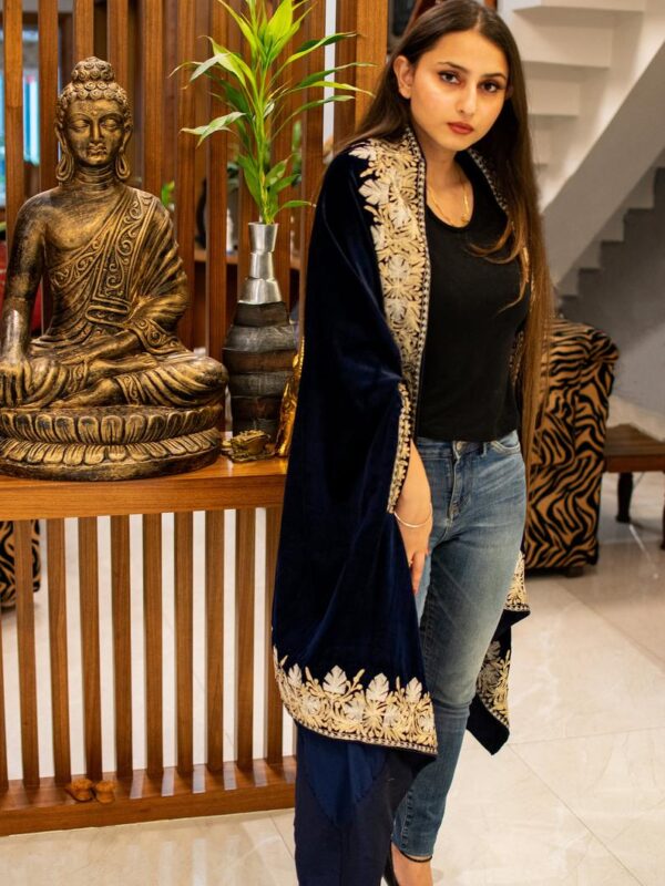 Navy Blue Velvet Cape with Tilla Embroidery Teen Chinar Design