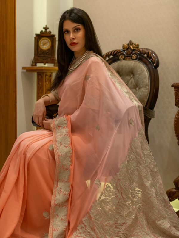 Ombre Peach Kashmiri Tilla Embroidered Saree