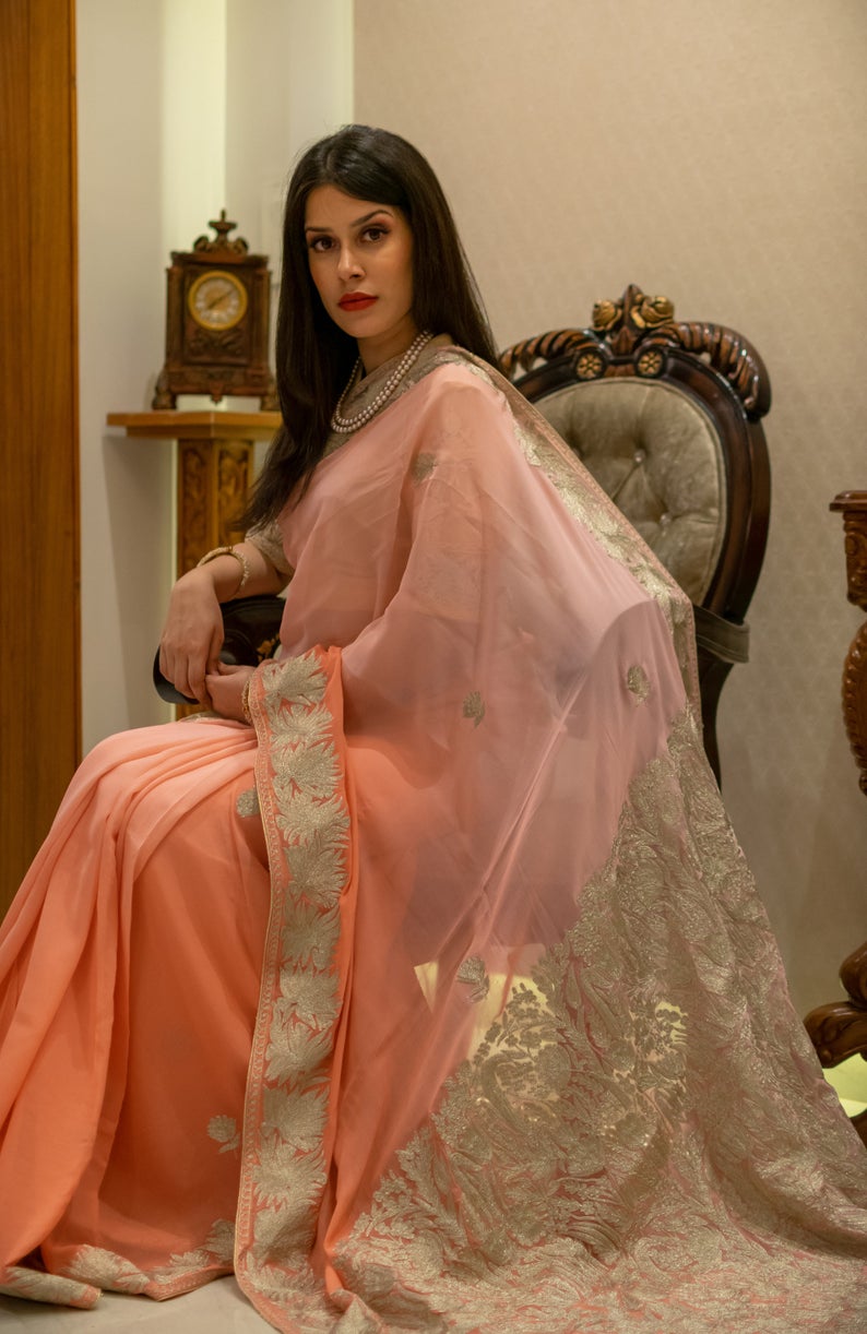 Burgundy Kashmiri Gold Tilla Aari Embroidered Velvet Saree – Talking Threads