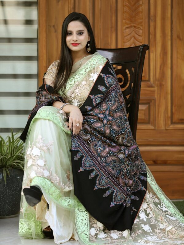 Black Allover Sozni Pure Pashmina Hand Embroidered Shawl model