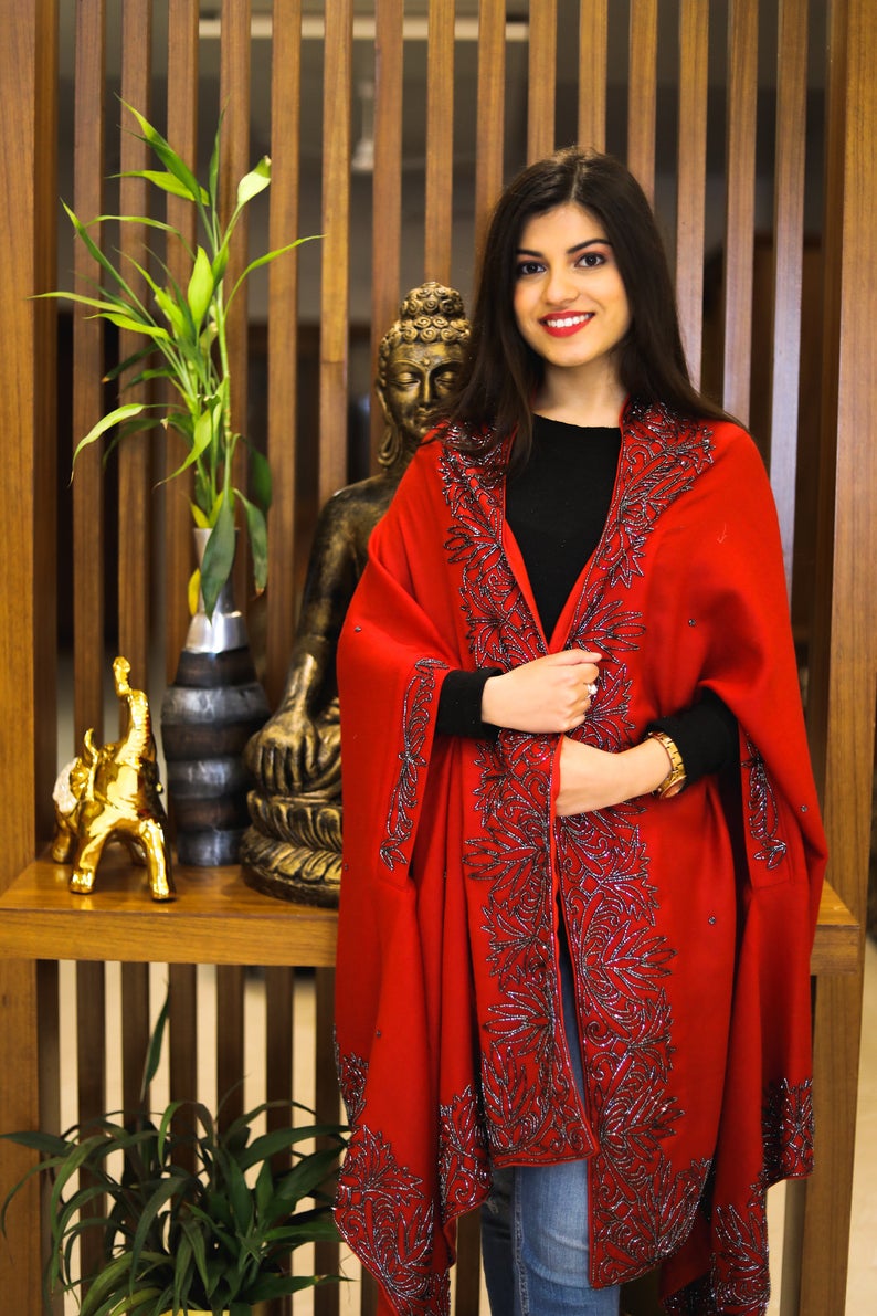 Red Pure Wool Cape Shawl With Hand Cut Daana Work