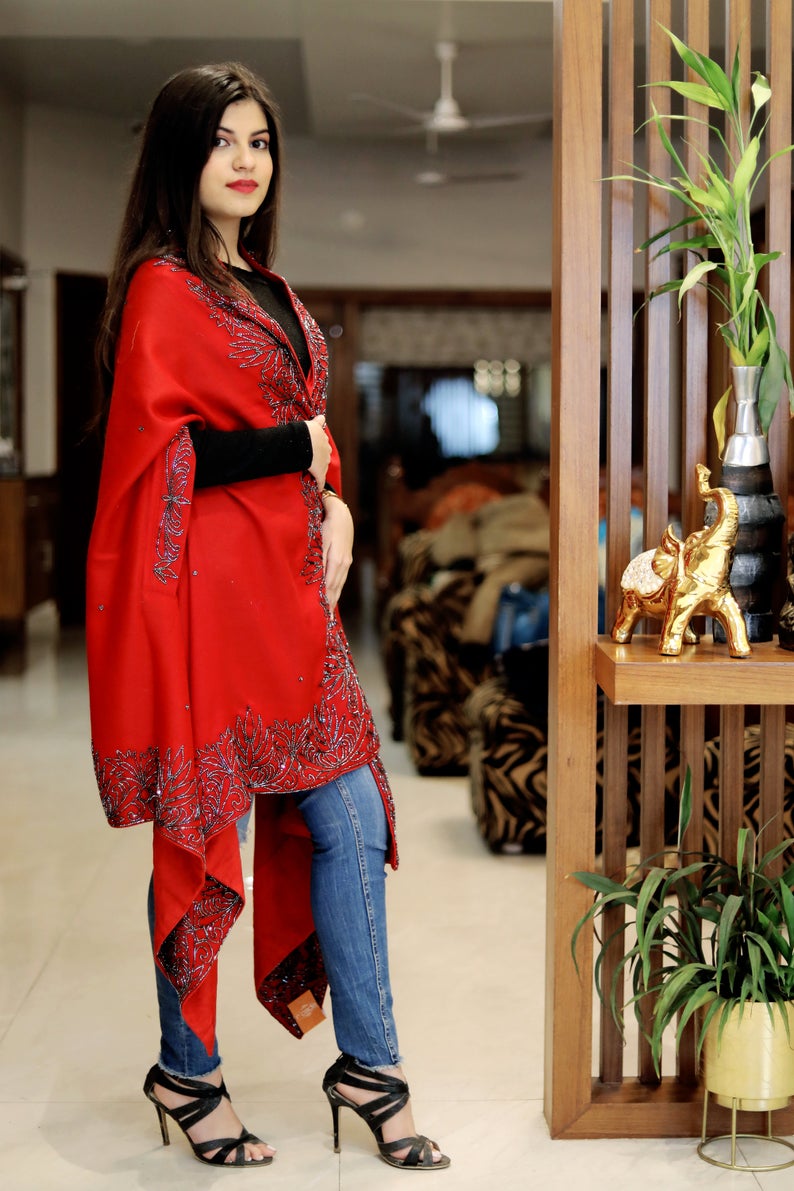 Red Pure Wool Cape Shawl With Hand Cut Daana Work side