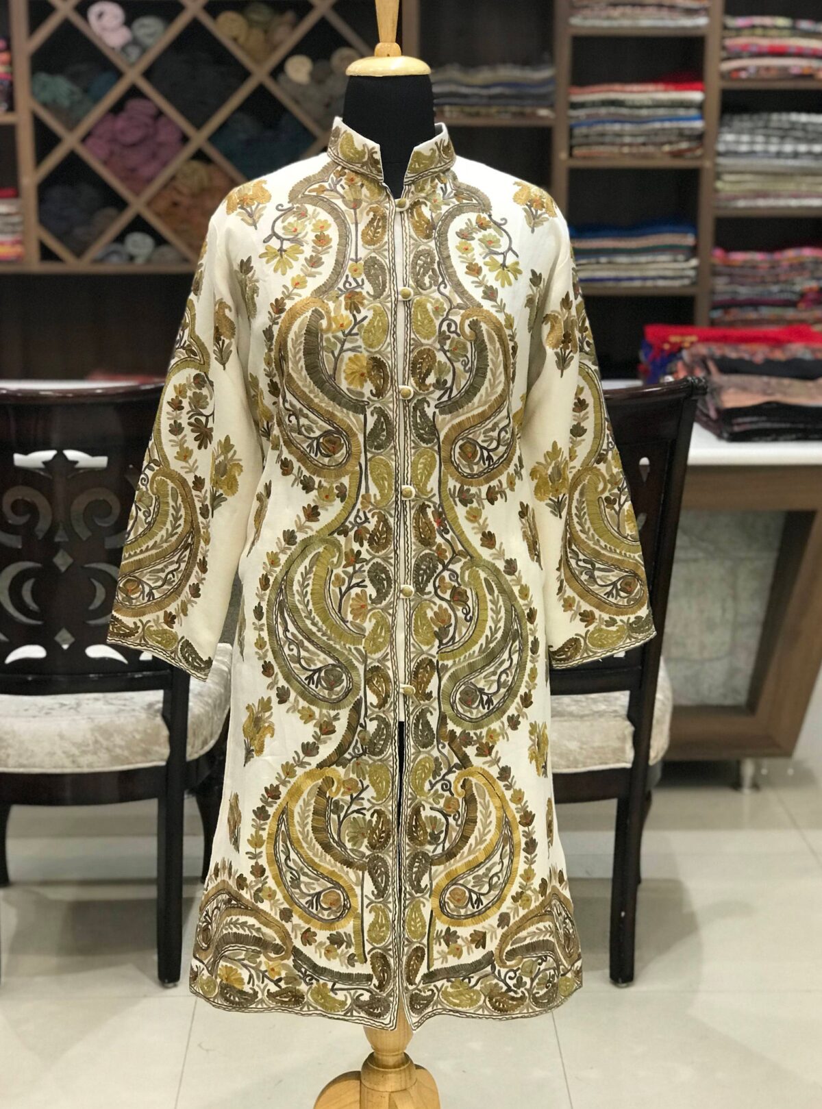 Woollen Kashmiri Long Jacket With Allover Jaal Embroidery