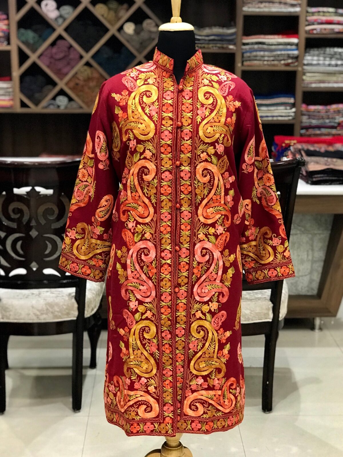 Bespoke Kashmiri Long Jacket With Paisley Jaal Embroidery