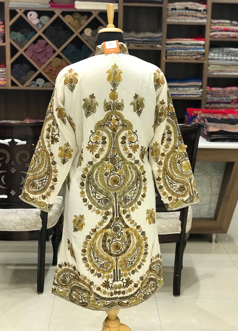 Woollen Kashmiri Long Jacket With Allover Jaal Embroidery