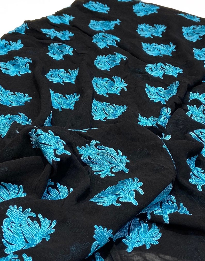 Kashmiri Aari Boteh Embroidered Black Running Fabric