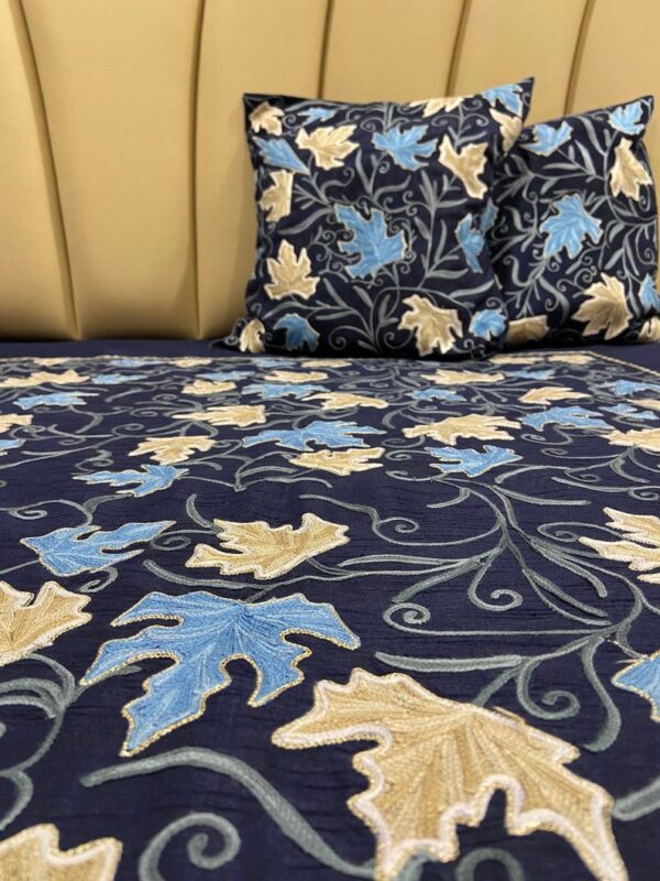 Navy Blue Raw Silk Bed Cover with Floral Aari Jaal Embroidery Outlined with Tilla