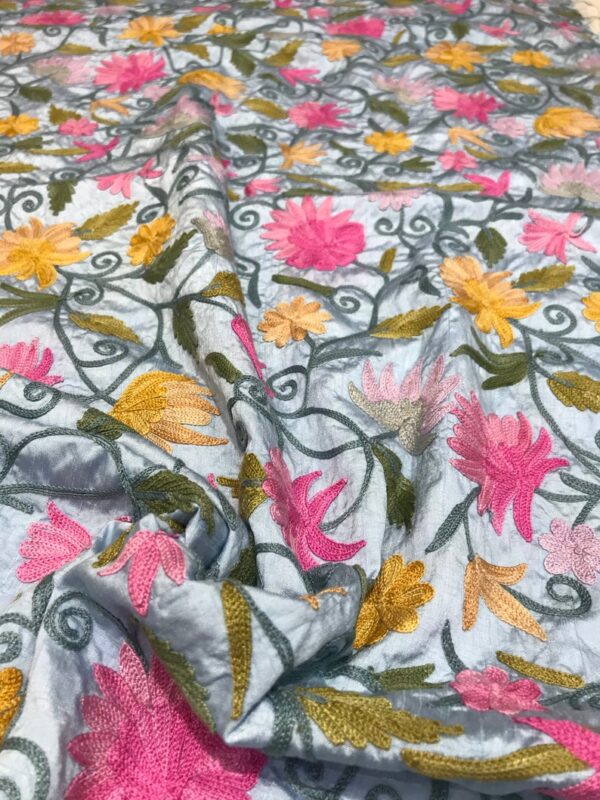 pastel blue art raw silk embroidered fabric