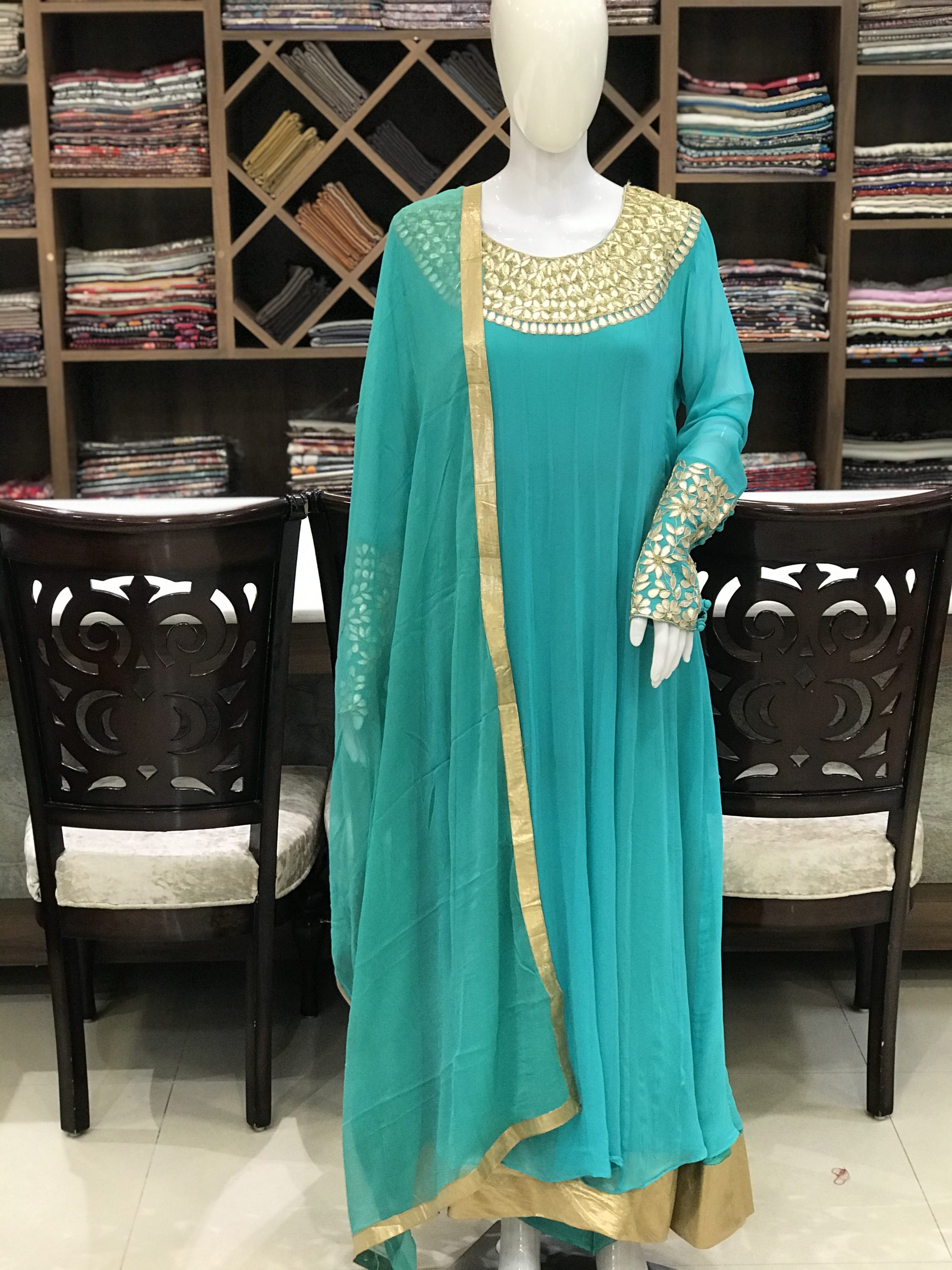 Georgette Long Flared Dress featuring Gota Patti Sequence Embroidery Work