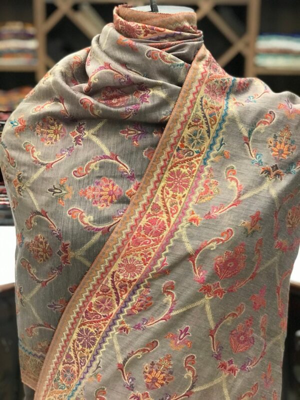 Modal Silk Bottle Grey Kani Weave Dupatta close up