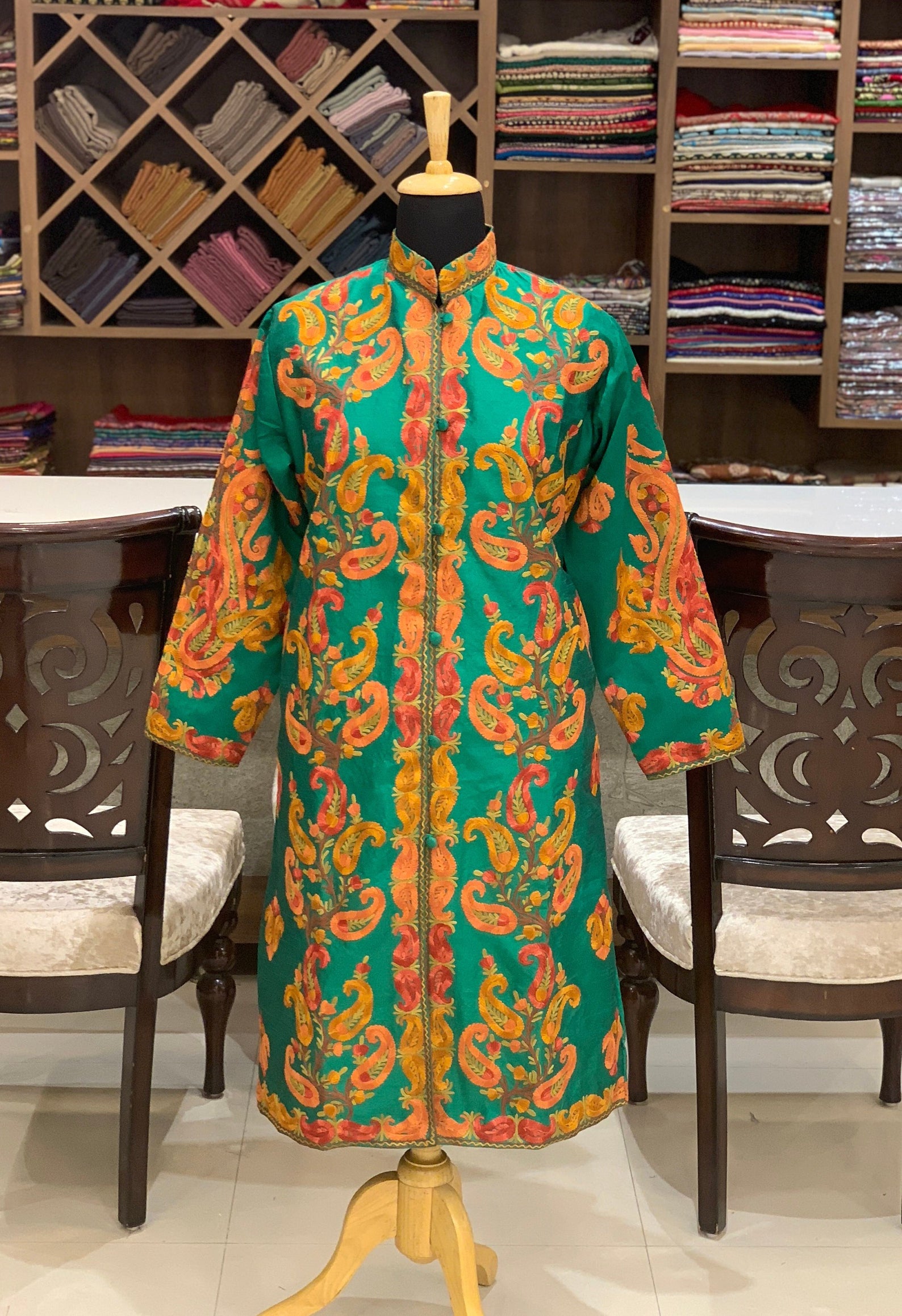 Green Paisley Embroidered Long Women s Jacket