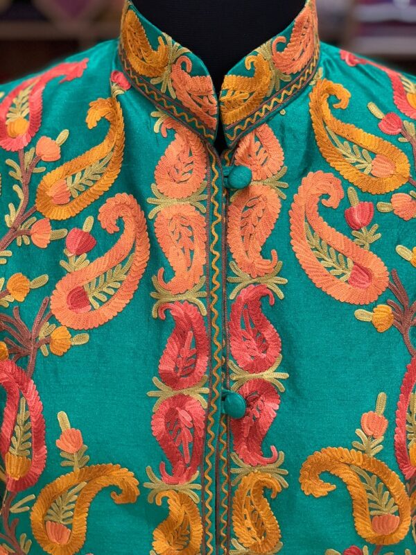 Green Paisley Embroidered Long Women's Jacket front