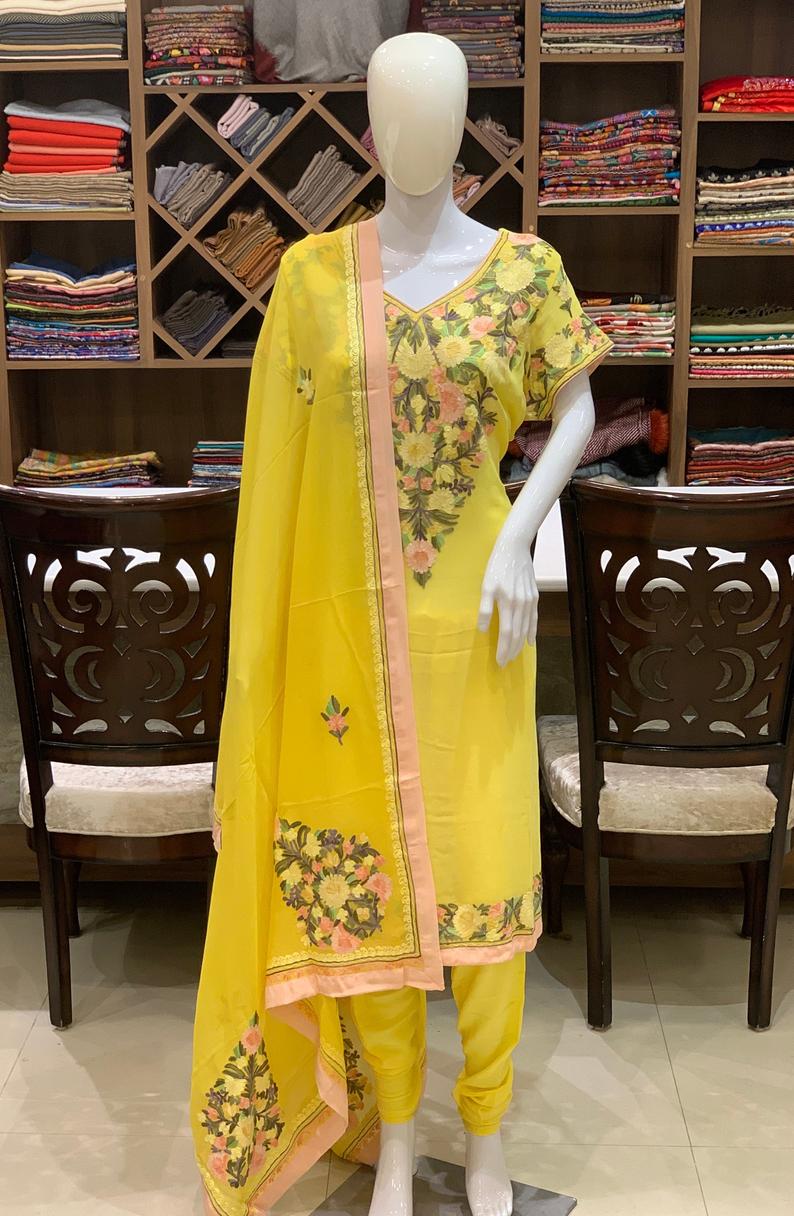 Yellow Pastel Floral Aari Embroidered Suit