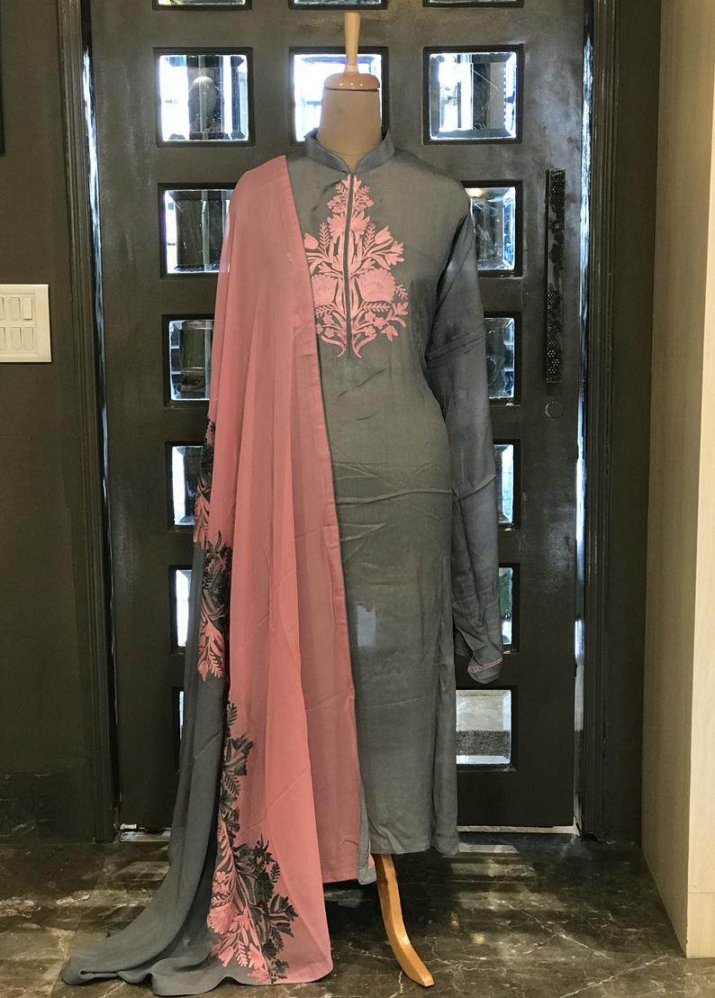 Grey Kashmiri Aari Work Suit: Half-Half Dupatta Design