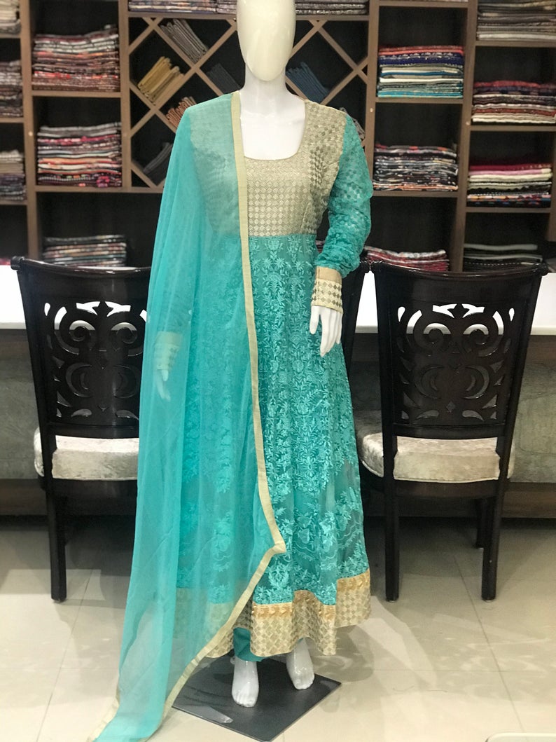 Blue Flared Style Jacket Dress with Rich Highlighted Embroidery | Angad ...