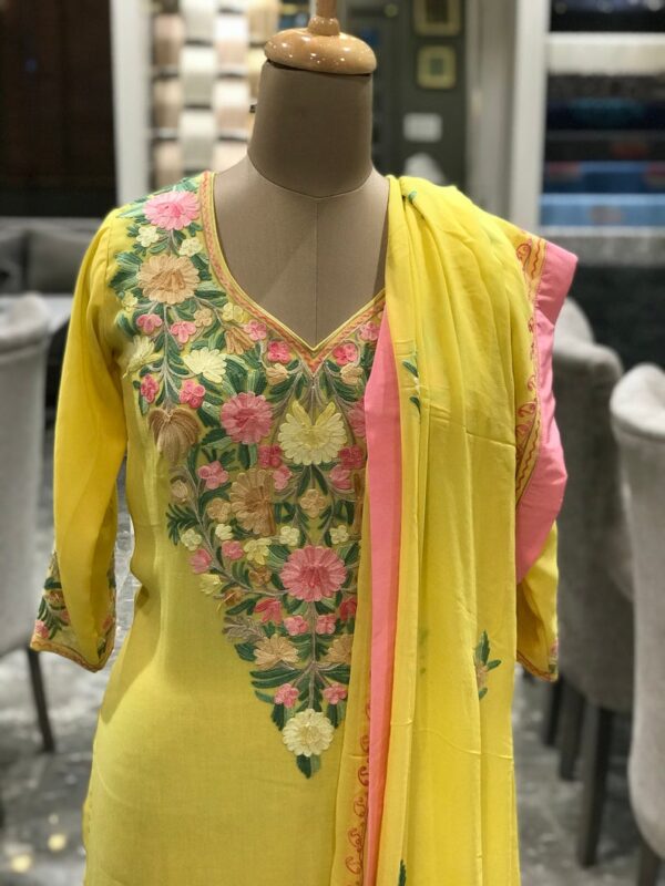 Yellow Suit with Pastel Floral Aari Embroidery close up