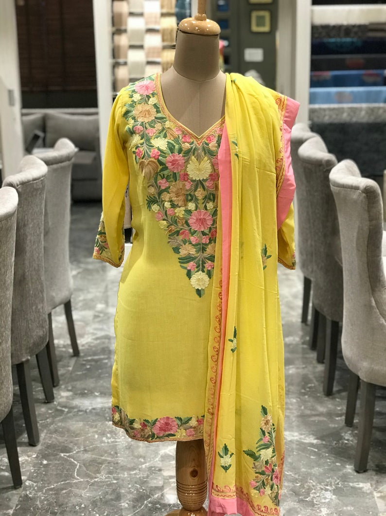 Yellow Suit with Pastel Floral Aari Embroidery