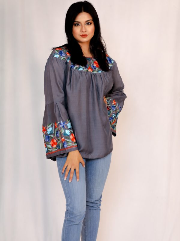Bell Sleeves Top with Silk Thread Embroidery: Grey