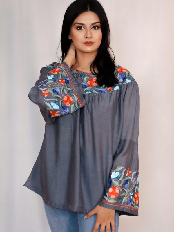Bell Sleeves Top with Silk Thread Embroidery: Grey front